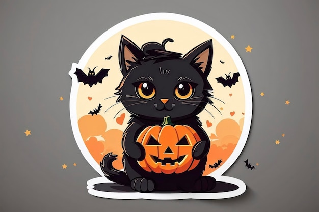 Gatto nero con una testa di zucca in stile Cartoon Doodle