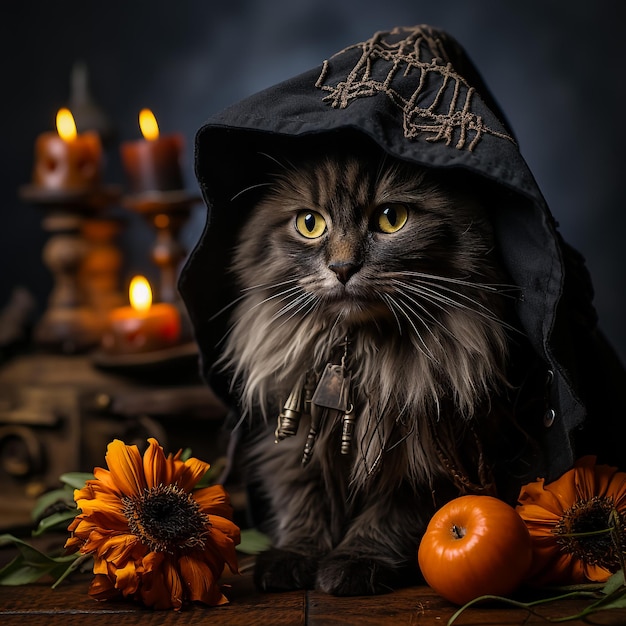 Gatto nero con zucca di Halloween isolata su sfondo bianco Illustrazione vettoriale