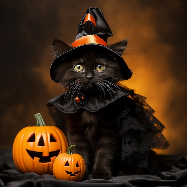 Gatto nero con zucche Illustrazione di Halloween