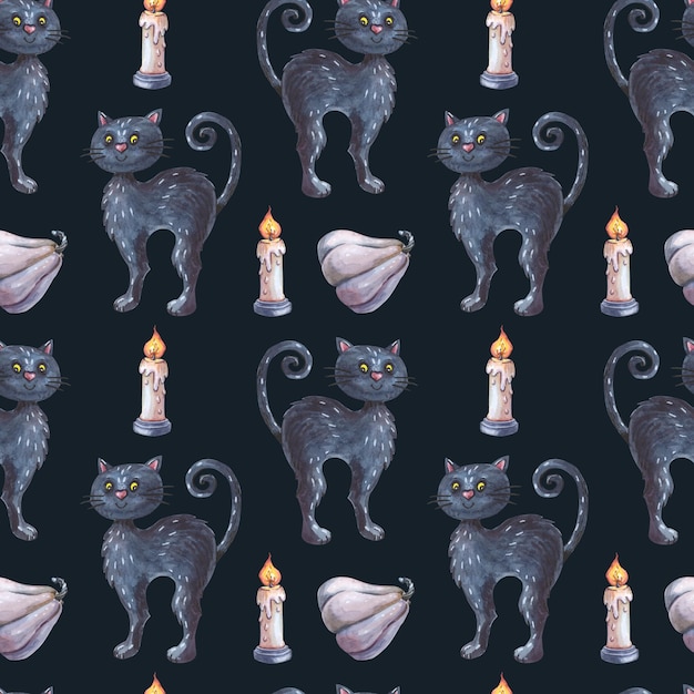 Gatto nero dell'acquerello e candela Illustrazione di Halloween di un animale carino