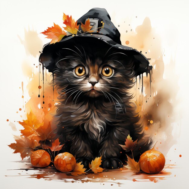 gatto nero della strega di Halloween con la zucca