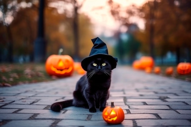 Gatto nero della strega per Halloween che si siede su fondo scuro spaventoso nella stagione spettrale di autunno con l'intelligenza artificiale generata dalla zucca arancione