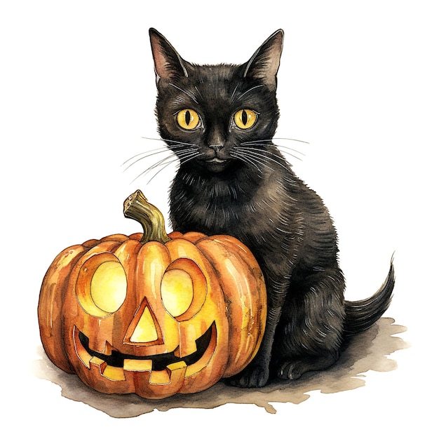 Gatto nero di Halloween con l'illustrazione dell'acquerello della zucca