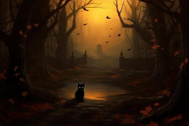 Gatto nero di Halloween seduto nella foresta Concetto di vacanza di Halloween Generato da AI