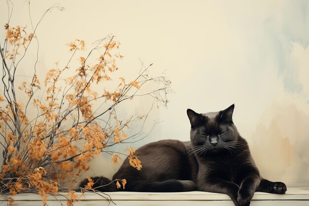 gatto nero di halloween su sfondo di halloween in stile boho