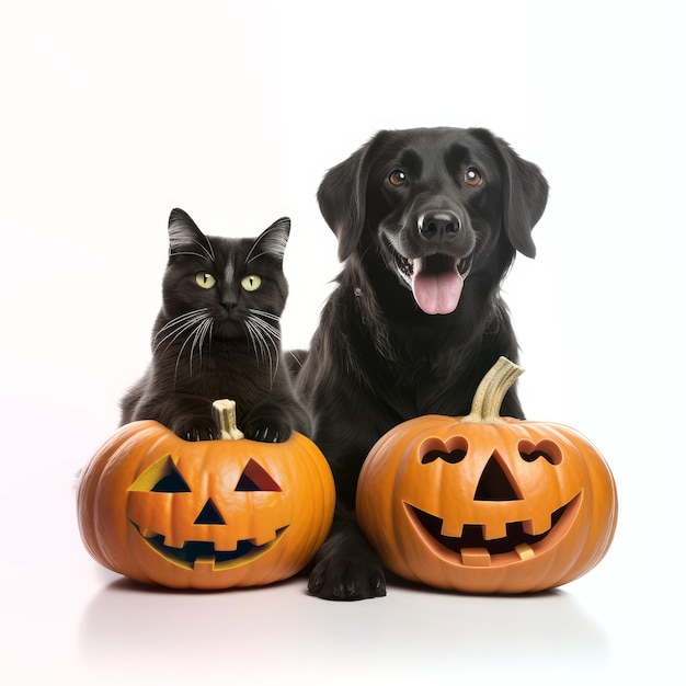 Gatto nero e cane con zucca jack o lantern isolato su sfondo bianco