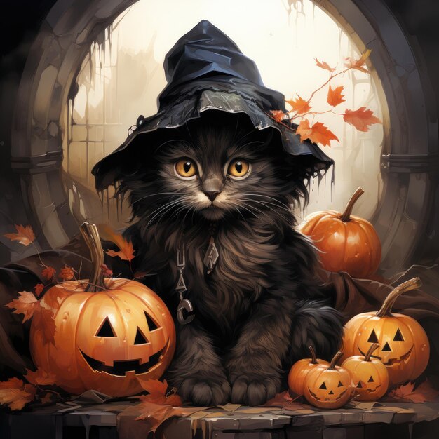 gatto nero gattino gattino Halloween illustrazione opera d'arte spaventosa orrore isolato tatuaggio fantasia cartone animato