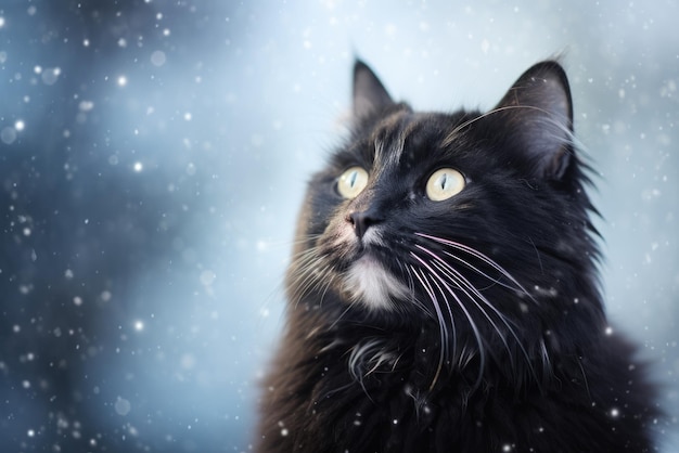 Gatto nero peloso in inverno con neve che cade