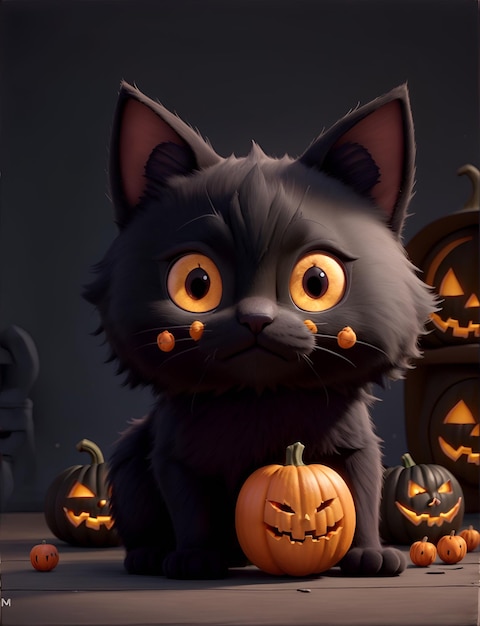 gatto nero raccapricciante e zucca di halloween in un luogo buio