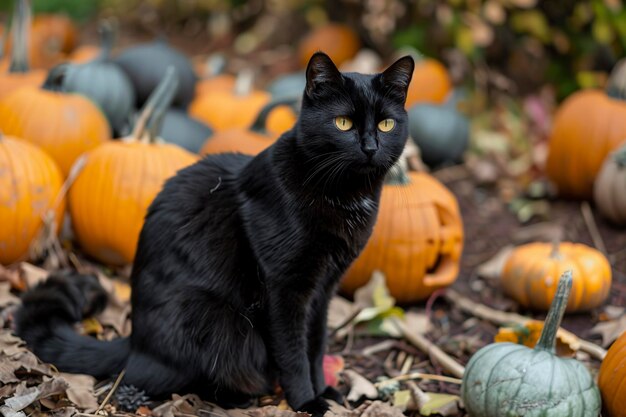 Gatto nero seduto in un campo di zucche