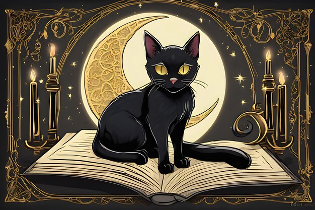 Gatto nero seduto su un libro con Crescent Moon ai arte digitale