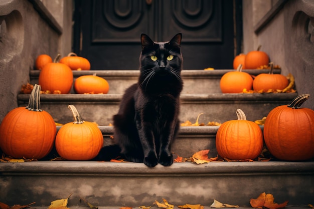 Gatto nero tra le zucche Atmosfera autunnale di Halloween Generata dall'intelligenza artificiale