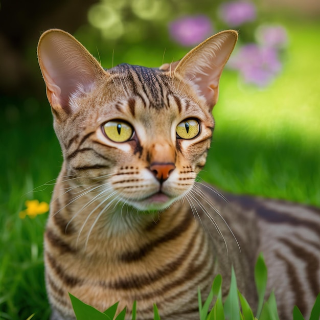 Gatto ocicat realistico su incantevole sfondo naturale all'aperto