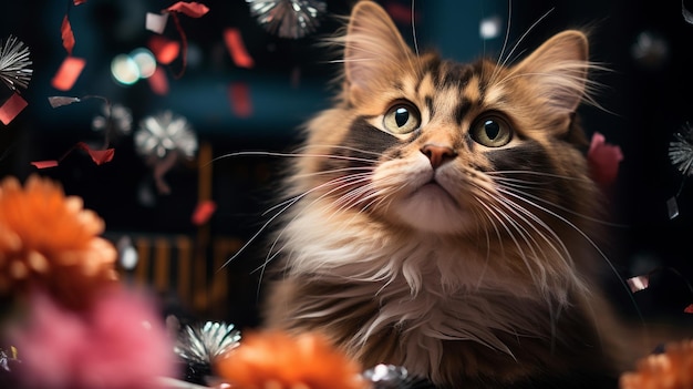 Gatto peloso che guarda la telecamera