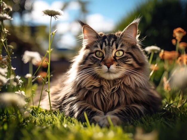 Gatto peloso giace sull'erba su uno sfondo sfocato AI generativa