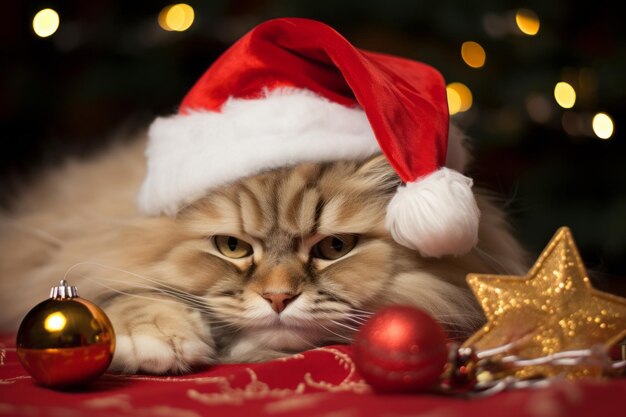 Gatto persiano con cappello rosso di Babbo Natale e decorazione natalizia sullo sfondo bokeh