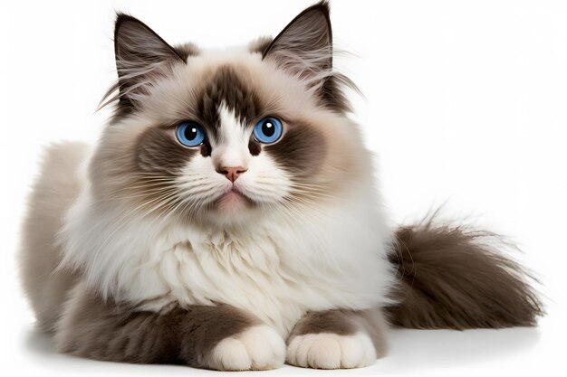 Gatto Ragdoll con occhi azzurri.