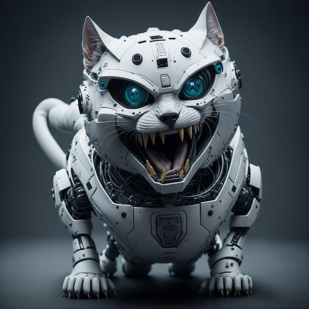 Gatto robot bianco pazzo con faccia spaventosa