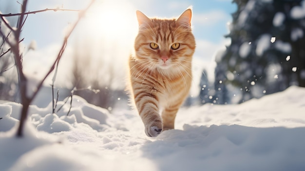 Gatto rosso cammina in inverno rete neurale ai generato