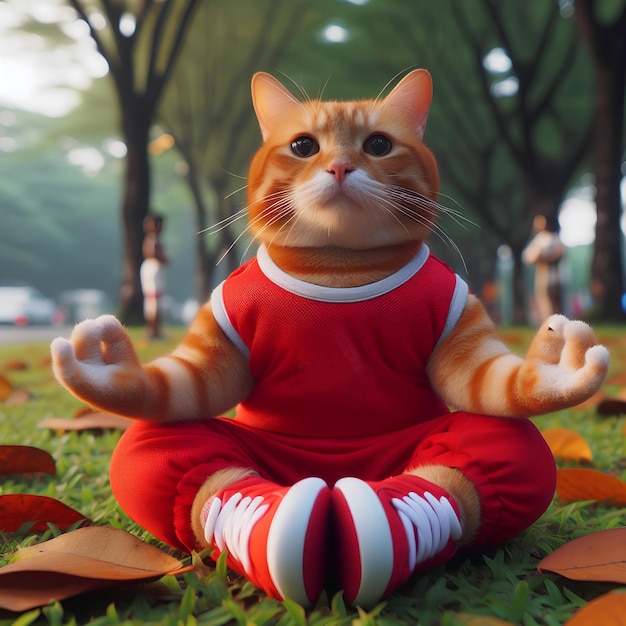 gatto rosso che indossa abiti sportivi fa yoga nel parco pubblico