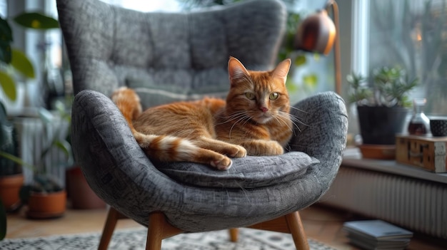 Gatto rosso sdraiato su una poltrona grigia nel soggiorno