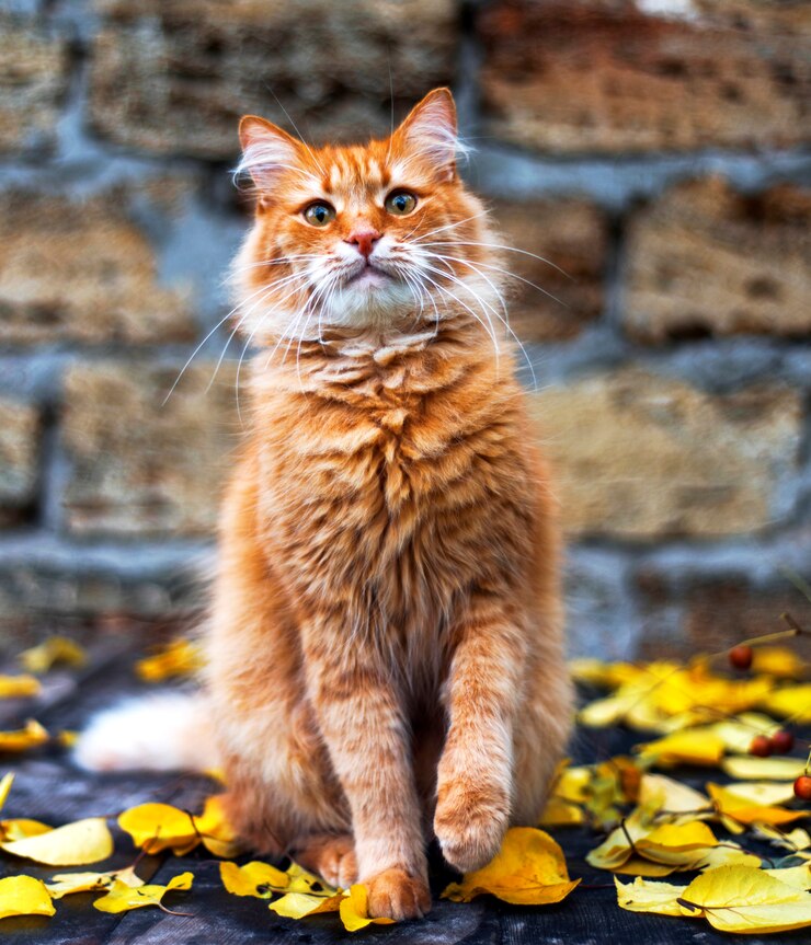 Foto gatto rosso seduto in mezzo al fogliame giallo