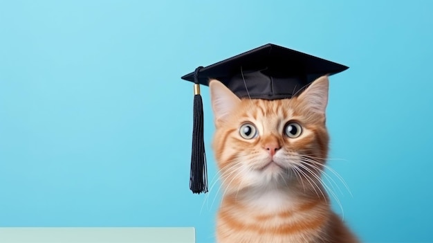 Gatto rosso sveglio che celebra con il fondo pastello minimalista del cappuccio di graduazione