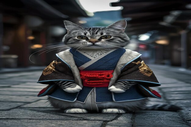 Gatto samurai Un felino in abiti tradizionali giapponesi