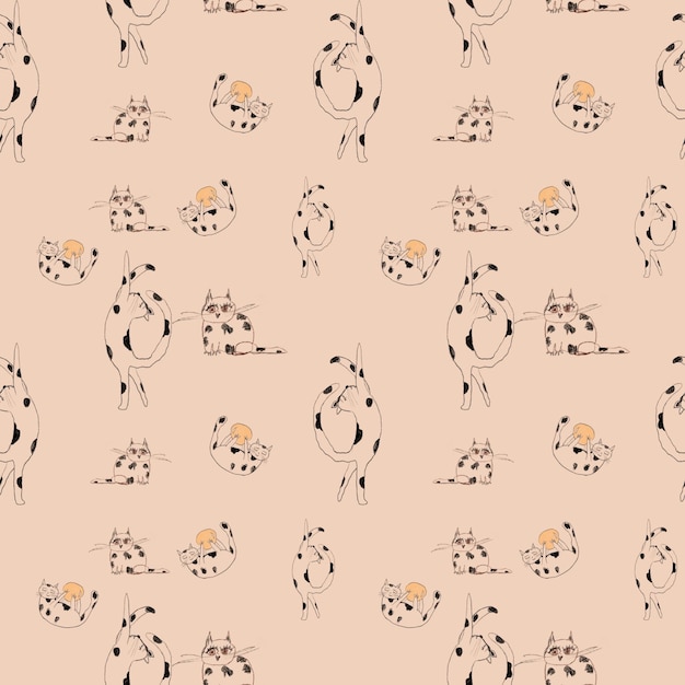 Gatto schizzo carino modello senza cuciture beige. Un'illustrazione ad acquerello. Trama disegnata a mano e isolato.