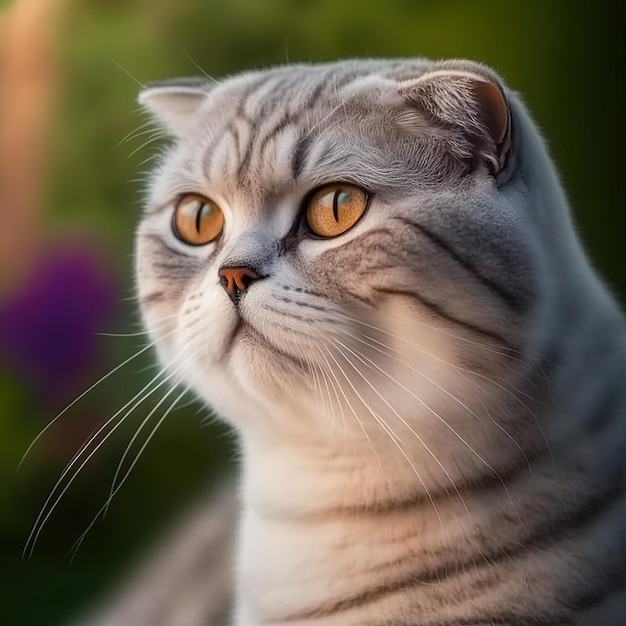 Gatto scottish fold realistico su incantevole sfondo naturale all'aperto