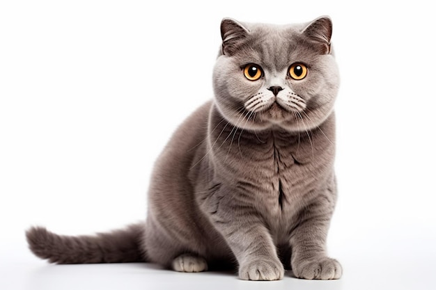 Gatto Scottish Fold su uno sfondo bianco isolato generato dall'intelligenza artificiale