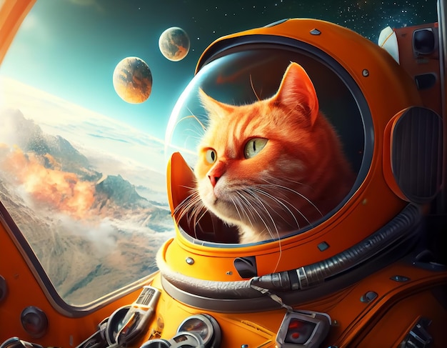 Gatto scozzese arancione che indossa una tuta spaziale e guida una nave spaziale sopra lo sfondo blu del cieloGenerative Ai