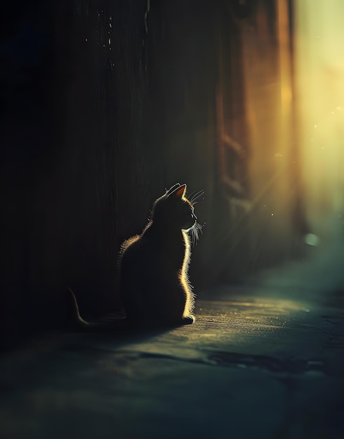 Gatto seduto per strada ai raggi del sole mattutino