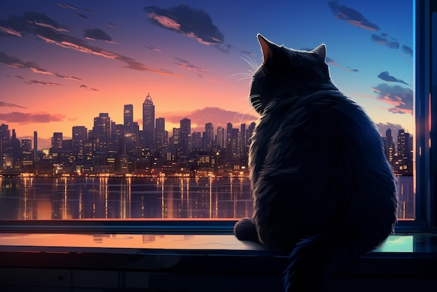 Gatto seduto sulle finestre a guardare la città