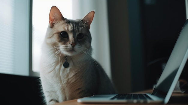 Gatto seduto vicino al computer portatile