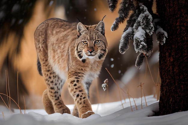 Gatto selvatico che cammina attraverso la foresta innevata