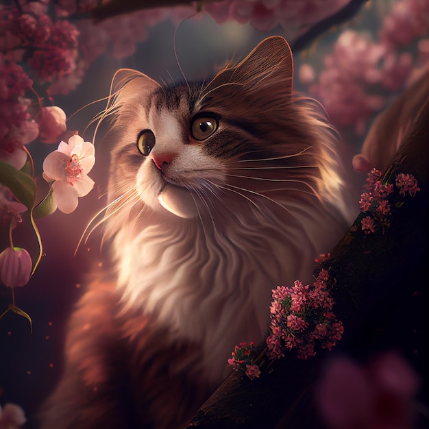 Gatto selvatico sveglio nell'illustrazione del gattino del ramo del fiore di ciliegio dell'albero di sakura