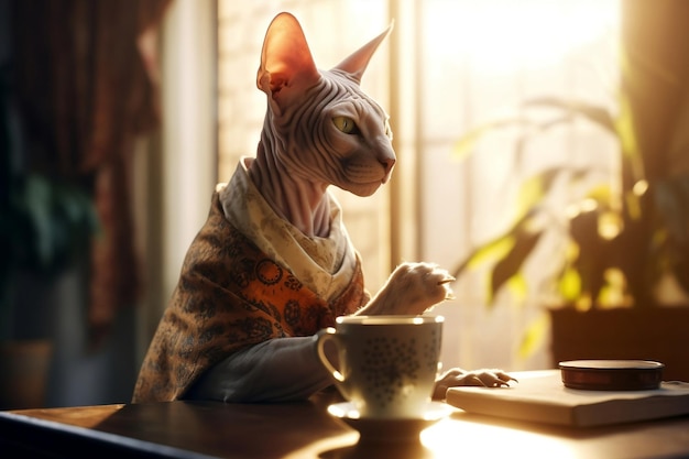 Gatto sfinge vestito che beve caffè a casa alla luce del sole mattutino generato dall'AI