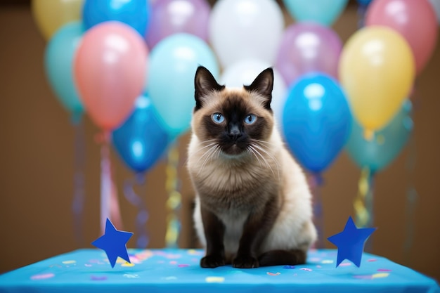 Gatto siamese alla festa di compleanno con palloncini