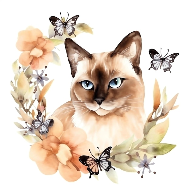 Gatto siamese con fiori e farfalle