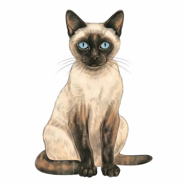 Gatto siamese con gli occhi blu, illustrazioni dipinte su sfondo bianco