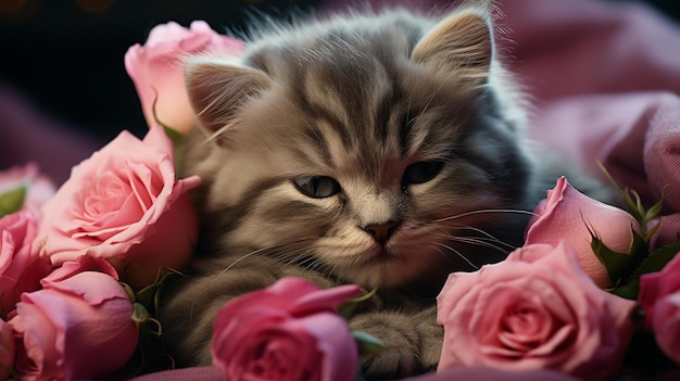 Gatto siberiano con fiori rosa sul letto da vicino