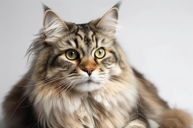 Gatto siberiano di sei anni in uno studio fotografico con un gatto che gioca sullo sfondo