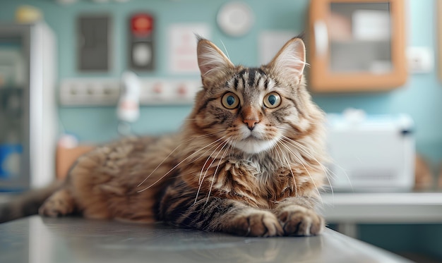 Gatto siberiano sdraiato sul tavolo in una clinica veterinaria