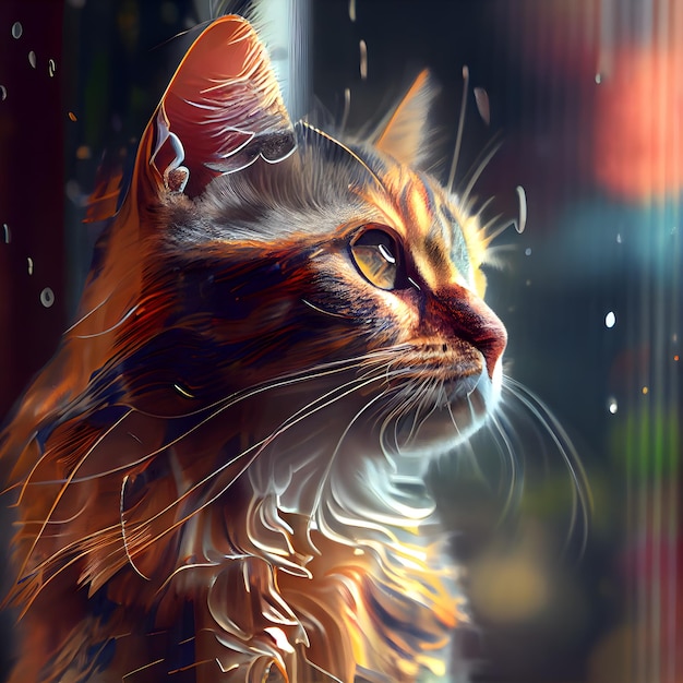 Gatto siberiano sotto la pioggia Pittura digitale con effetto doppia esposizione