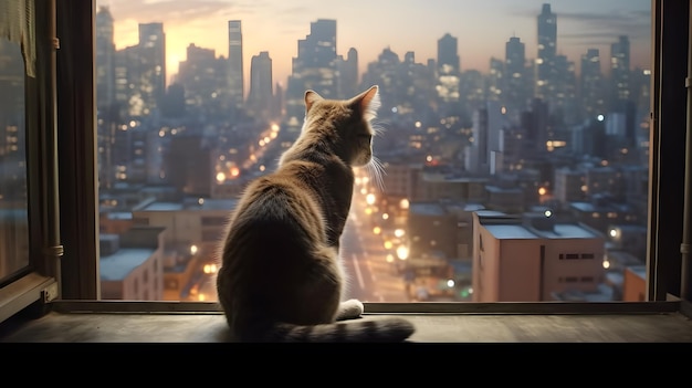 Gatto solitario sulla finestra con sfondo vista città