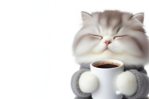 gatto sonnolento che tiene in mano una tazza di caffè isolato su uno sfondo bianco solido