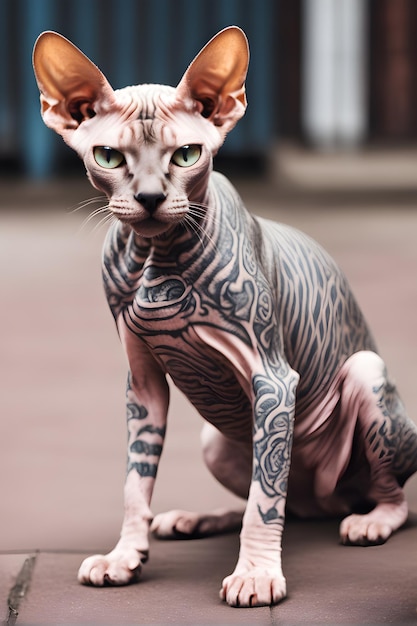 gatto sphynx atletico muscoloso senza peli con grandi occhi gialli e tatuaggi sul corpo