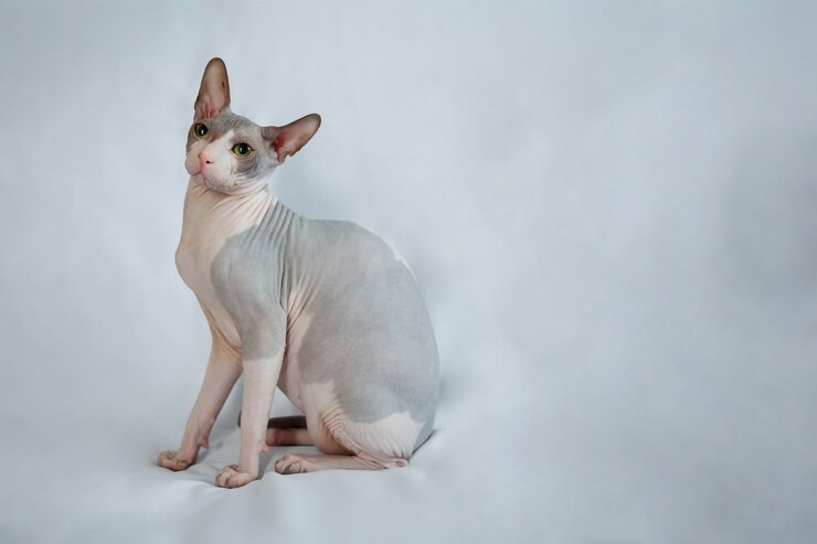 Gatto sphynx grigio che si siede sul fondo bianco e grigio del tessuto