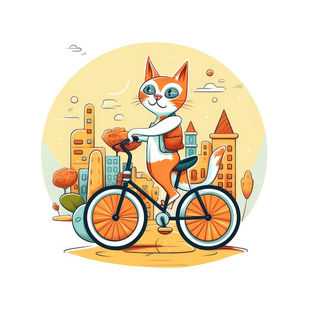 Gatto su una bicicletta con paesaggio urbano sullo sfondo.